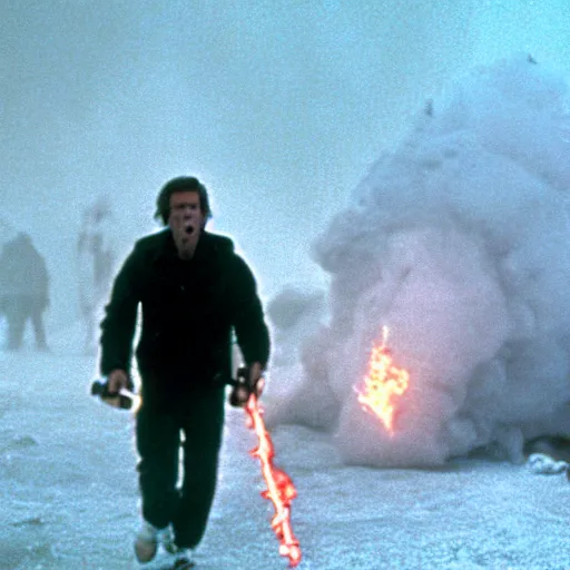 Prompt: movie still of cristiano ronaldo with a flamethrower in the thing (1982), john carpenter, cinematic,