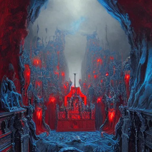 Image similar to the holy castle of Hades, hellish, bright in fury, red and blue, with demon statues, hyperdetailed, artstation trending, world renowned artists, worth1000.com, historic artworks society, antique renewel, cgsociety, by greg rutkowski, by Gustave Dore, Deviantart