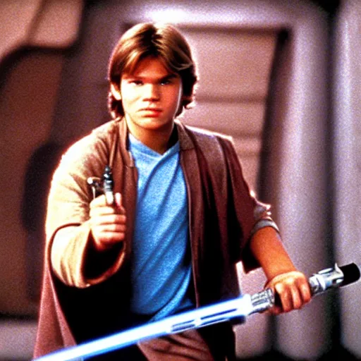 Image similar to A full color still from a film of a teenage Han Solo as a Jedi padawan holding a lightsaber hilt, from The Phantom Menace, directed by Steven Spielberg, 35mm 1990