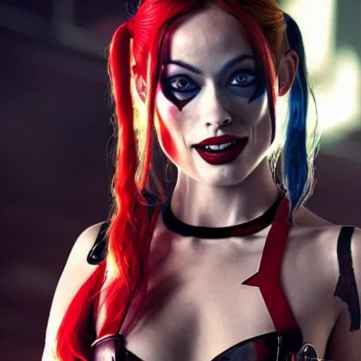 Prompt: Olivia wilde as harley quinn, 8k, highly detailed, high definition, full view, cinematic lighting