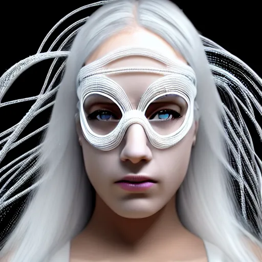 Prompt: ultra detailed woman wearing a white mask with black wires on her head, featured on pinterest, net art, made of wire, 1 0 mm lens, elegant, ultra detailed, hyper realistic vfx simulation, unreal engine, volumetric lighting, 8 k post - production