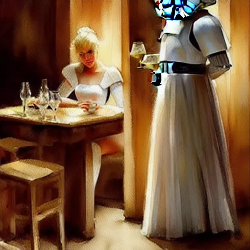 Image similar to stormtrooper and hot blonde drinking wine in a cellar, romantic, cozy, inviting, detailed, beautiful, atmospheric, impressionism, watercolor by vladimir volegov, inspired by ralph mcquarrie