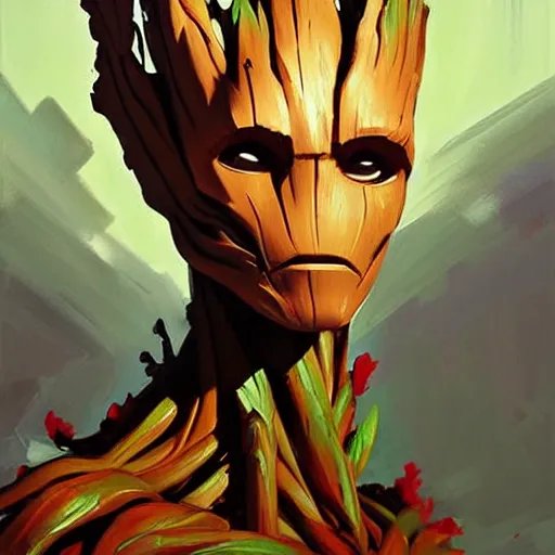 Image similar to Greg Manchess portrait painting of Groot as Overwatch character, medium shot, asymmetrical, profile picture, Organic Painting, sunny day, Matte Painting, bold shapes, hard edges, street art, trending on artstation, by Huang Guangjian and Gil Elvgren and Sachin Teng