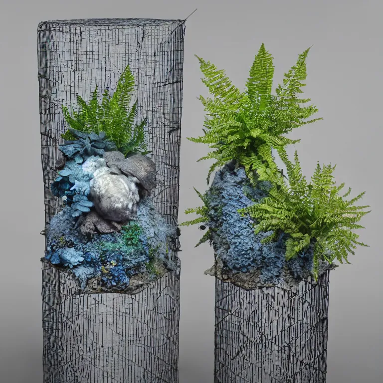 Image similar to hyperrealistic sculpture of a distressed bronze ancient fossilized echinoderm urchin dusted with opalescent blue spraypaint and ferns in a nylon grid cage on a pedestal by ron mueck and duane hanson and lee bontecou, hyperrealistic dramatic colored lighting trending on artstation 8 k