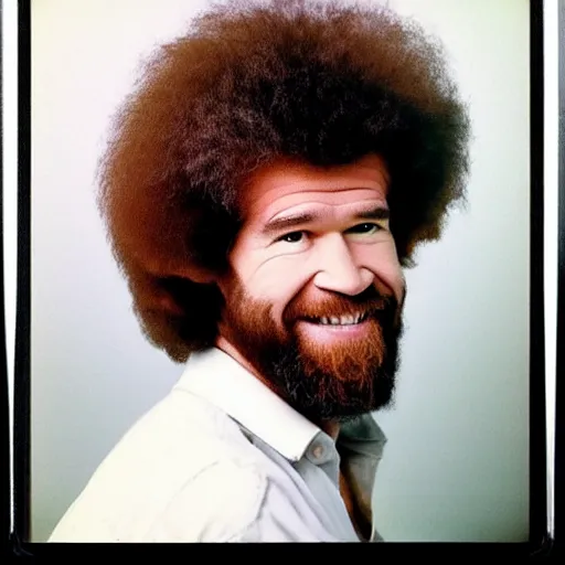 Image similar to Mugshot Portrait of Bob Ross, taken in the 1970s, photo taken on a 1970s polaroid camera, grainy, real life, hyperrealistic, ultra realistic, realistic, highly detailed, epic, HD quality, 8k resolution, body and headshot, film still, front facing, front view, headshot and bodyshot, detailed face, very detailed face