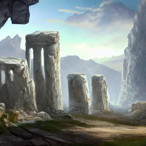 Prompt: concept art by tyler edlin of a small, white marble cliff in a meditereanian landscape, with stone henge on top