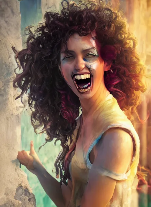 Image similar to an epic fantasy comic book style portrait painting of a girl wearing colorful makeup with a smile and curly brown hair stepping out of a doorway with light shining behind her, unreal 5, daz, hyperrealistic, octane render, cosplay, rpg portrait, dynamic lighting, very detailed face