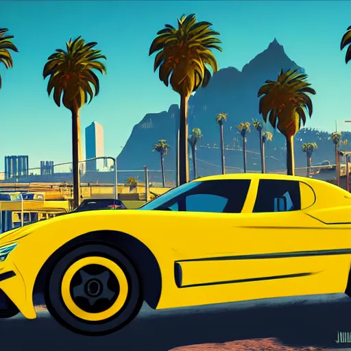 Image similar to yellow ranger in gta v cover art los santos in background, palm trees in the art style of stephen bliss, 4 k