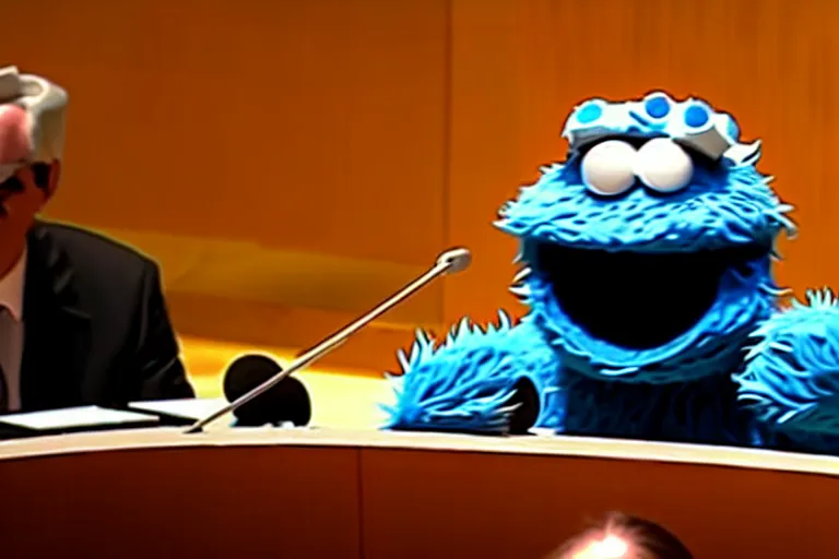 Prompt: Cookie Monster addressing the UN