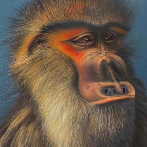 Image similar to An exquisite oil painting of a mandrill baboon dressed like Prince Philip with a lovely beard