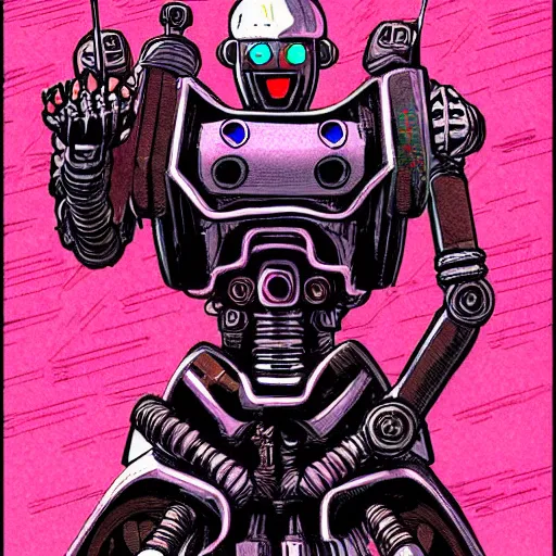 Image similar to detailed color manga illustration of a renaissance Saint as an evil killer robot, cyberpunk, dark, akira