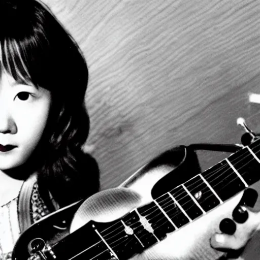 Prompt: real-life Yui Hirasawa with a Gibson Pre-'08 Les Paul Standard '50s, a still of a Japanese music movie