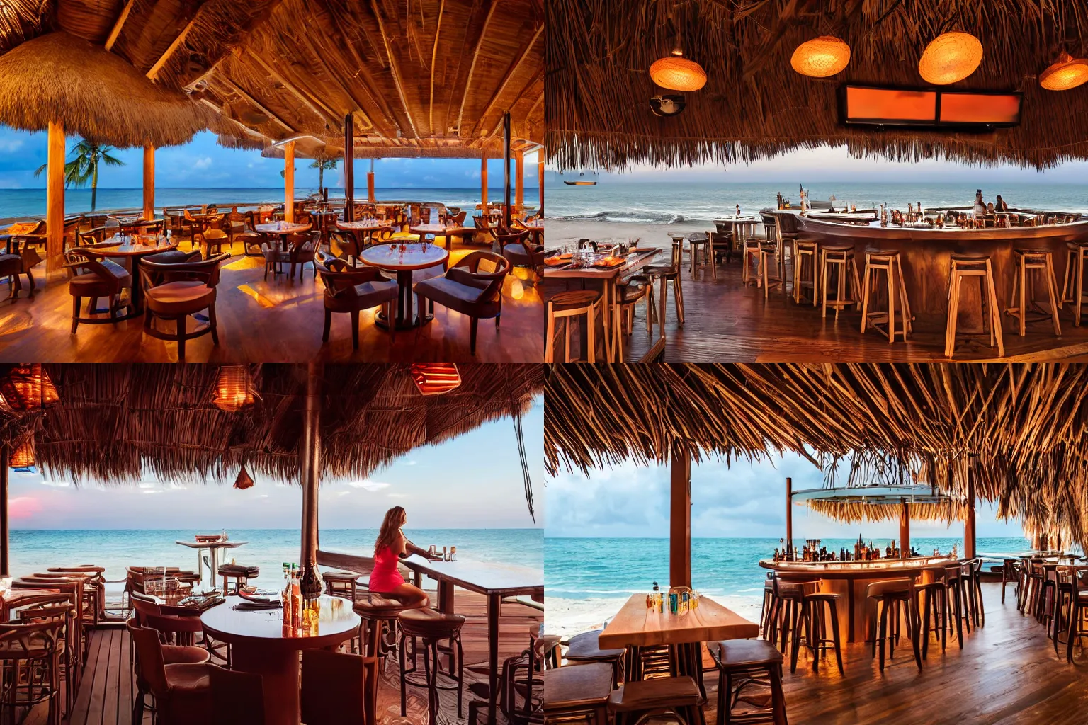 Prompt: fancy cocktail on a polished wooden table inside a beachside tiki bar, sunset, beach view through windows, award-winning magazine photography, promotional photo for a high-end cocktail bar