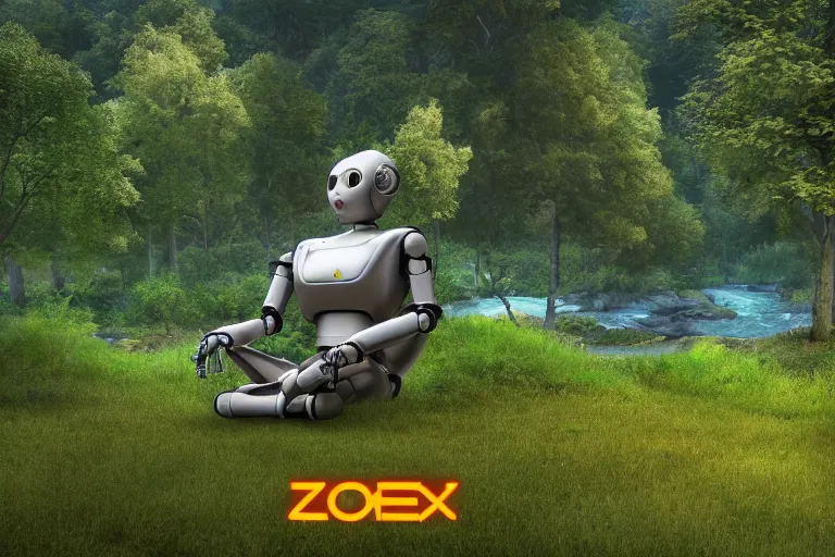 Image similar to zoomed-out 3d render of cel-shaded robot sitting cross-legged with its head pointing down, on a small hill, in a fantasy forest with blooming trees and surrounded my wildlife, river flowing beside the robot, 4k, highly detailed, Unreal Engine, octane render