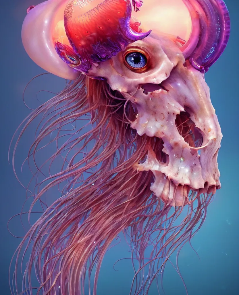 Image similar to goddess princess beautiful face close-up portrait ram skull. jellyfish phoenix head, nautilus, orchid, skull, betta fish, bioluminiscent creatures, intricate artwork by Tooth Wu and wlop and beeple. octane render, trending on artstation, greg rutkowski very coherent symmetrical artwork. cinematic, hyper realism, high detail, octane render, 8k