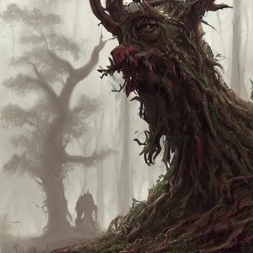 Prompt: a corpse in the shape of an ent, by greg rutkowski, trending on art station, highly detailed, magic the gathering, matte painting