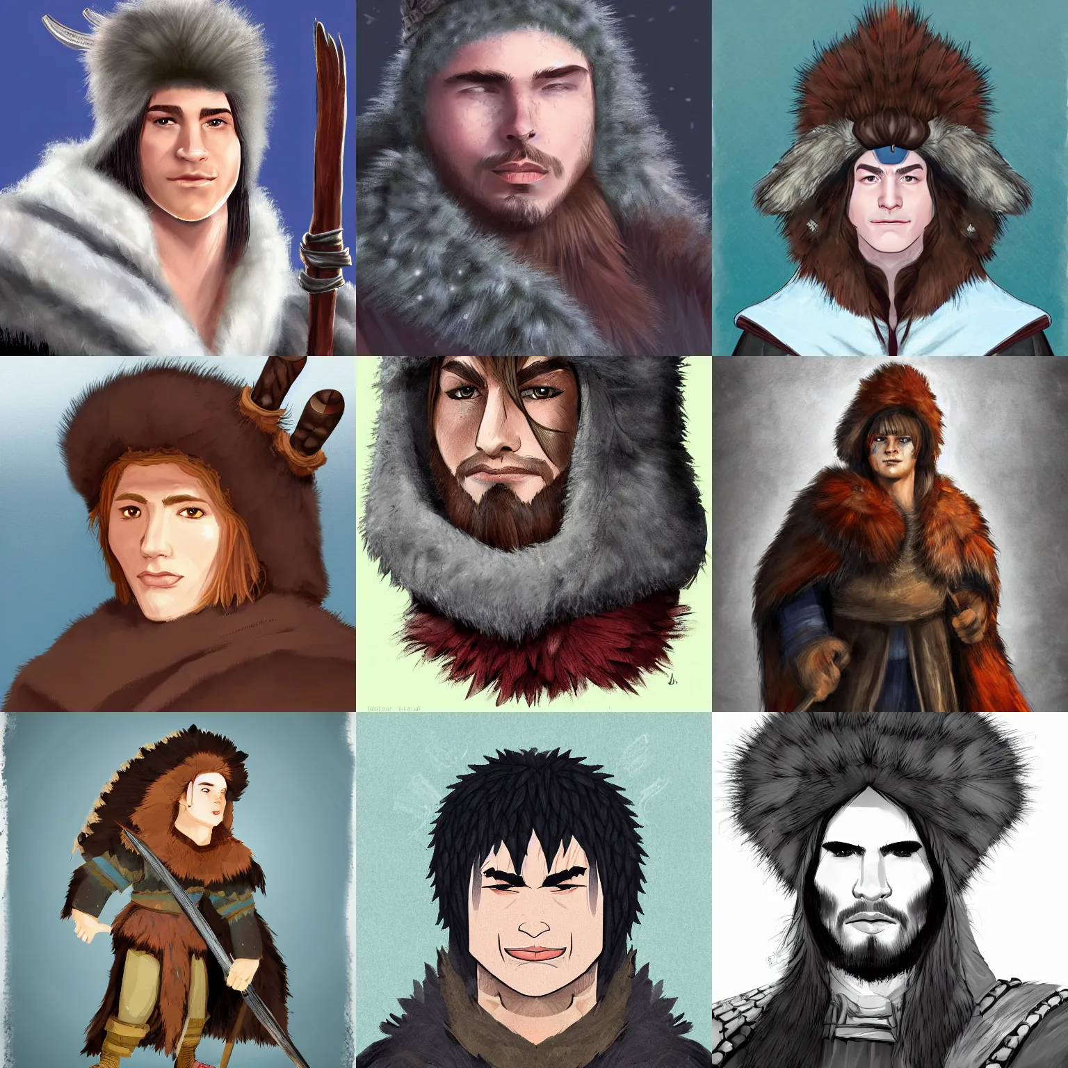 Prompt: head and shoulders character portrait of Bjørn, a young travelling shaman wearing a bearskin cloak and holding a fang dagger. D&D character art.