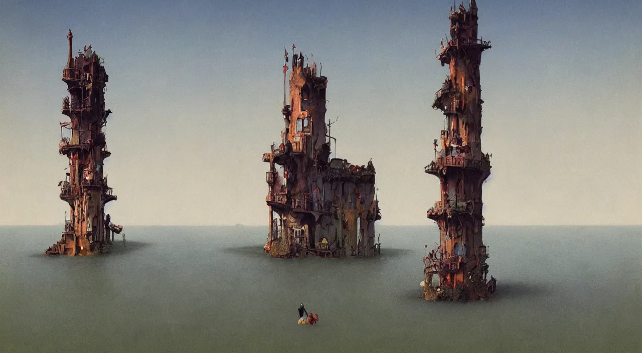 Image similar to single flooded simple bone tower, very coherent and colorful high contrast!! masterpiece by rene magritte simon stalenhag carl spitzweg syd mead norman rockwell edward hopper james gilleard, minimalist, dark shadows, sunny day, hard lighting