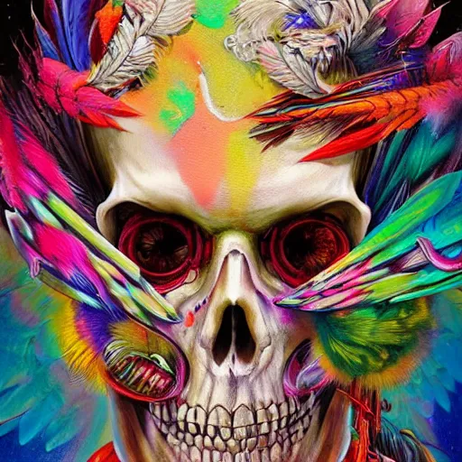 Image similar to art portrait of skeleton with colorful feathers exploding out of head,8k,by tristan eaton,Stanley Artgermm,Tom Bagshaw,Greg Rutkowski,Carne Griffiths,trending on DeviantArt,face enhance,hyper detailed,minimalist,full of colour