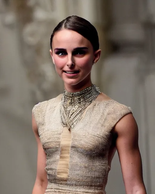 Image similar to young nathalie portman at the new york fashion week, wearing an outfit made from money, photo by greg rutkowski, soft lighting, female beauty, intricate detail, elegance, sharp shapes, masterpiece