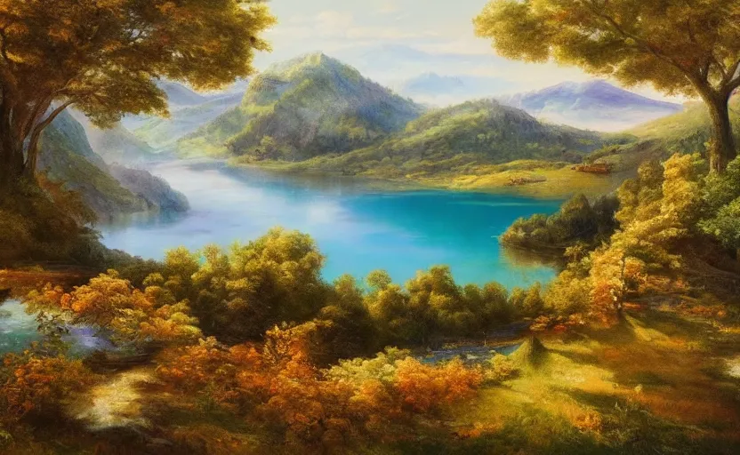 Image similar to beautiful award winning mythical painting of an austrian lake, 4 k, ultra hd