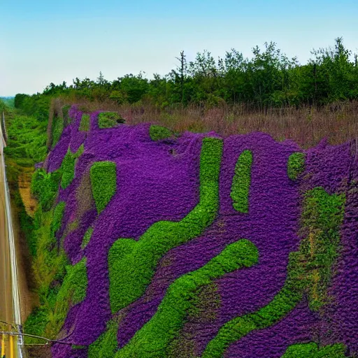 Prompt: magic purple corrupted kudzu spreads across abandoned highway