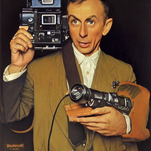 Image similar to norman rockwell painting of a man holding a large television - video - camera