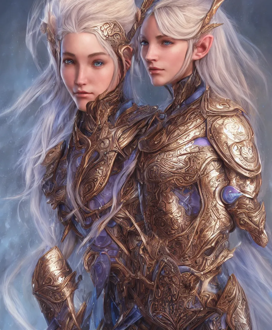 Image similar to a beautiful and highly detailed digital portrait of a dignified female elven paladin with blue hair in rose gold armor by clint cearley and karol bak, centered, artsation contest winner, artstation hd, cgsociety, fantasy art, cryengine, concept art, photorealism, daz 3 d, sketchfab, zbrush, vray