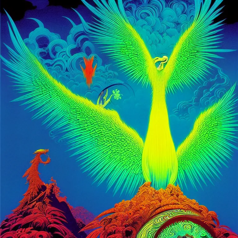 Image similar to mythical bird over infinite fractal volcanoes, bright neon colors, highly detailed, cinematic, eyvind earle, tim white, philippe druillet, roger dean, lisa frank, aubrey beardsley, hiroo isono