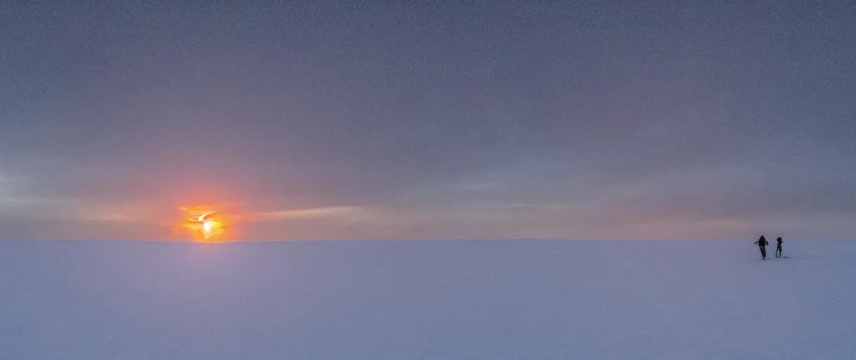 Prompt: a high quality color extreme closeup depth of field creepy hd 4 k film 3 5 mm photograph of the faint barely visible silhouette of a bulky man walking away from a blizzard into a clear desolate snow field with the golden sunset antarctica sky in the distance