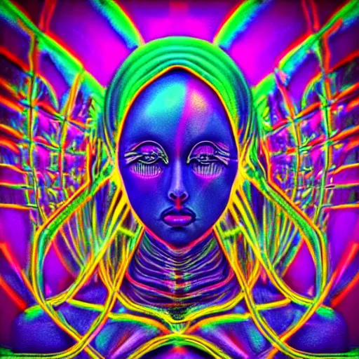 Image similar to “photo of a beautiful extraterrestrial woman goddess, psychedelic, dmt, lsd, epiphany, fractals, alien forms, organic, acidic, acid, 8k”