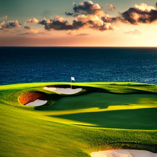 Image similar to a great photograph of the most amazing golf hole in the world, cliffs by the sea, perfect green fairway, human perspective, ambient light, 5 0 mm, golf digest, top 1 0 0, golden hour