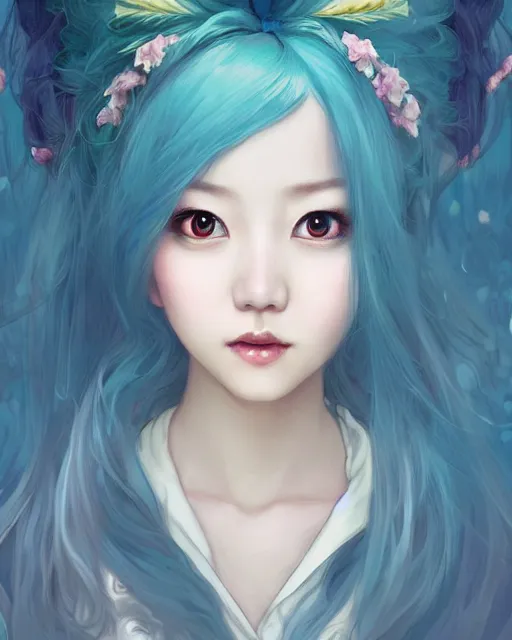 Image similar to symmetrical portrait of a pretty korean girl with blue hair dressed as alice in wonderland, digital painting, 8 k, concept art, art by wlop, artgerm, greg rutkowski and alphonse mucha