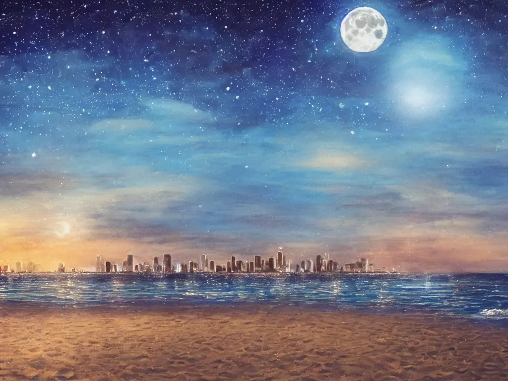 Prompt: night on a summer miami city beach, you can see part of the city, palm trees, footprints in the sand, full moon reflected in the calm ocean, starry sky 8 k, ultra detailed, trending on artstation, digital painting