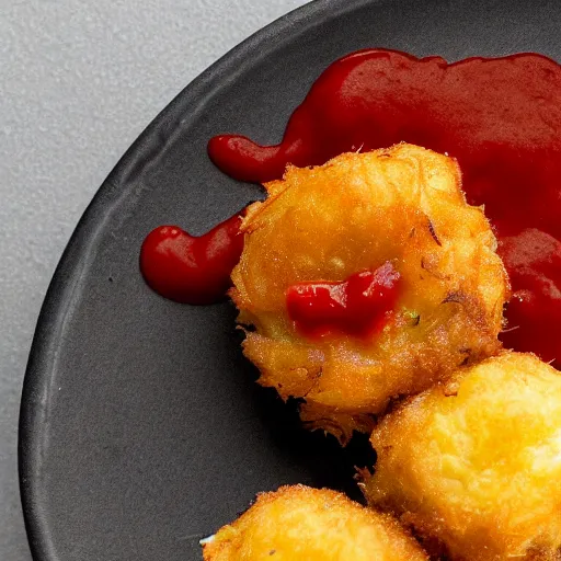 Image similar to food photo of channing tatum's face as tater tot on a plate with ketchup