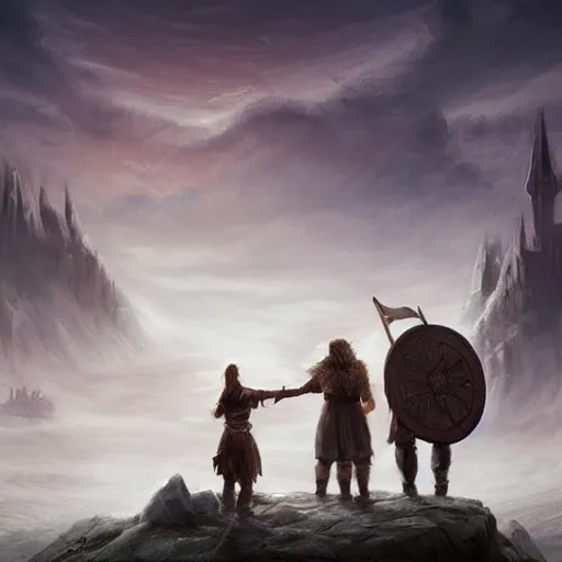 Prompt: epic portrait two viking couple holding hands and watching a city being destoryed in far distance, Blurry backround, explosions, cloudy, digital painting, artstation, concept art, soft light, hdri, smooth, sharp focus, illustration, fantasy, intricate, elegant, highly detailed, D&D, matte painting, in the style of Greg Rutkowski and Alphonse Mucha and artemisia, 8k, highly detailed, jurgens, rutkowski, bouguereau, pastoral, rustic, georgic