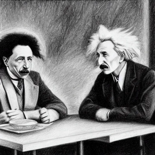 Image similar to Einstein and Tesla sitting at cafe, pencil drawing, ultra detailed