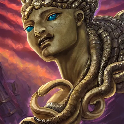 Image similar to a portrait of a torquoise fantasy armored medusa head holding a spear, medusa head, medusa head, medusa head, pillars background with ruined and statues, fantasy game art, fantasy rpg, league of legends