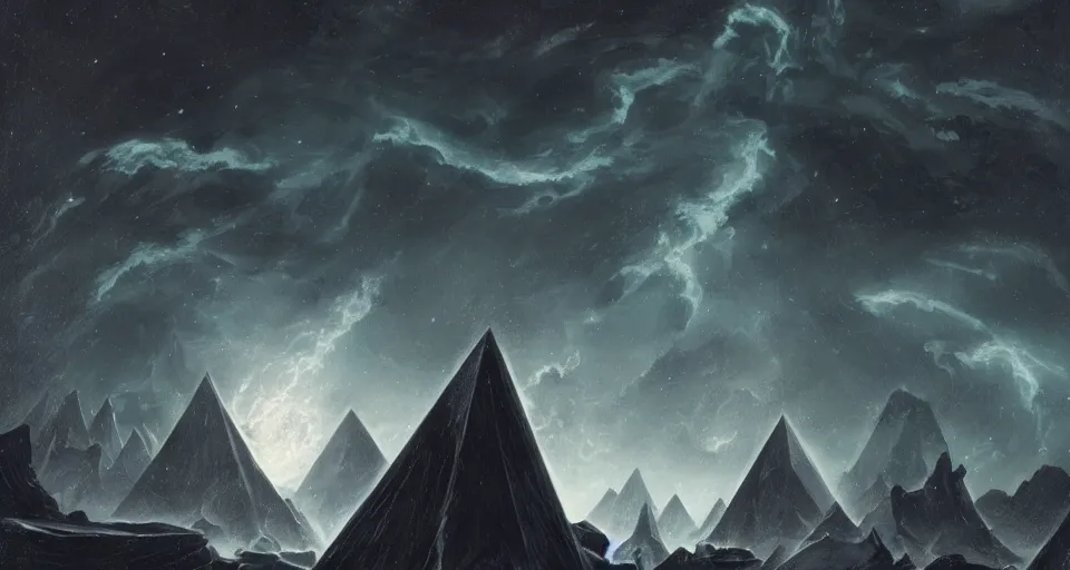 Image similar to black lovecraftian eldritch!! large obsidian pyramid!! surrounded by black motionless sea, endless cosmic sinister space!, bright stars, infinite nebula, sky background by eugene von guerard, ivan shishkin, night, concept art, trending on artstation, 8 k