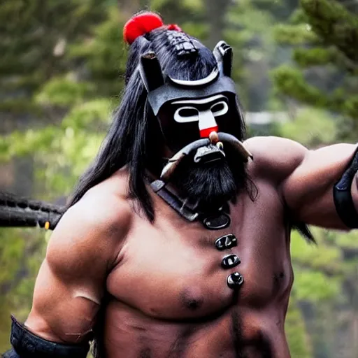 Image similar to big buff strong very buff samurai wearing an oni mask, movie still