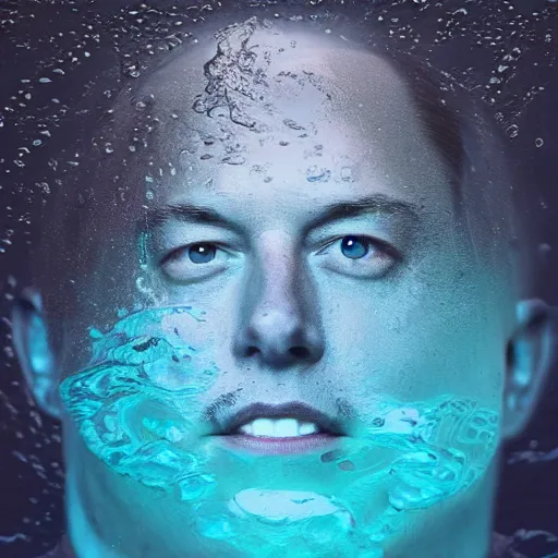 Image similar to water artwork manipulation in the shape of the face of elon musk, on the ocean water, ray tracing, realistic water sharp focus, long shot, 8 k resolution, cinematic, amazing water art