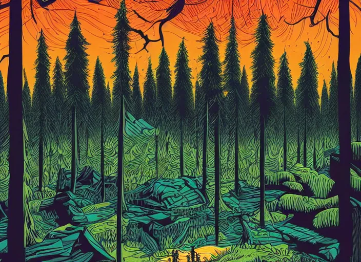 Image similar to an illustration of a forest by dan mumford, flat colors, beautiful, aesthetic