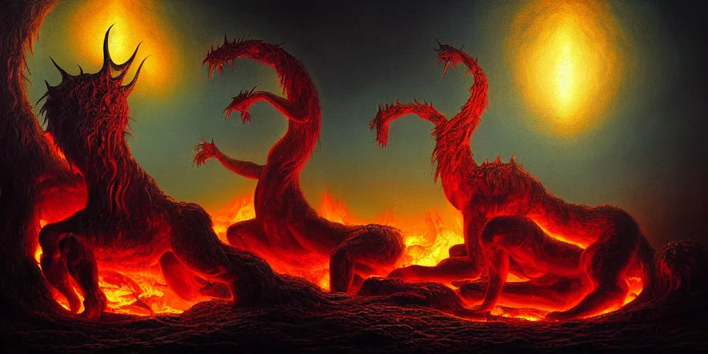 Image similar to mythical creatures and monsters at the mouth of hell, dramatic lighting glow from giant fire, in a dark surreal painting by ronny khalil