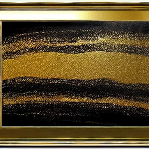 Image similar to a pour painting on canvas, gold black silver colors, abstract, thick paint, glossy, resin coated