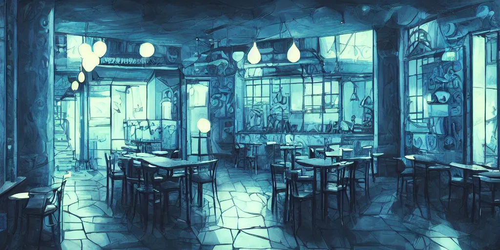 Prompt: cafe interior, blue and black tones, fantasy art, 2 d game art