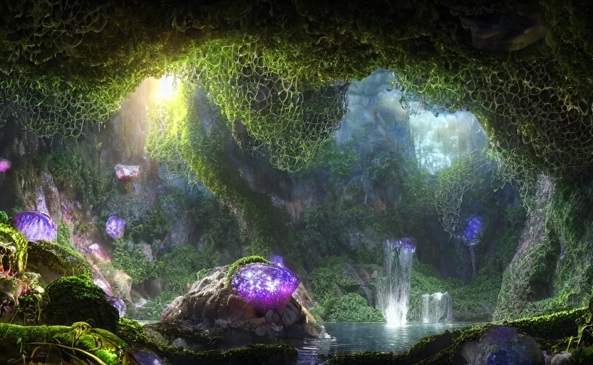 Image similar to a beautiful and stunning digital render of a humongous geode cave, dimly glowing diamonds, mushrooms, vines, haze, waterfall, volumetric lighting, photorealistic, unreal engine 5, ultra detail, trending on artstation