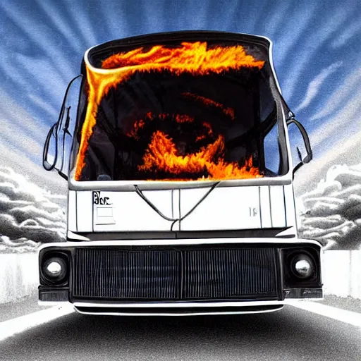 Prompt: A burning bus ,album art, art by Aidan Hughes