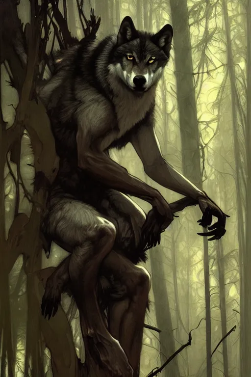 Prompt: full figure beautiful young fit antrophomorphic male wolf, bared teeth and long claws, dark scene, by greg rutkowski and alphonse mucha, d & d character, gradient black to silver, in a forest at night, highly detailed portrait, digital painting, artstation, concept art, smooth, sharp focus illustration, artstation hq