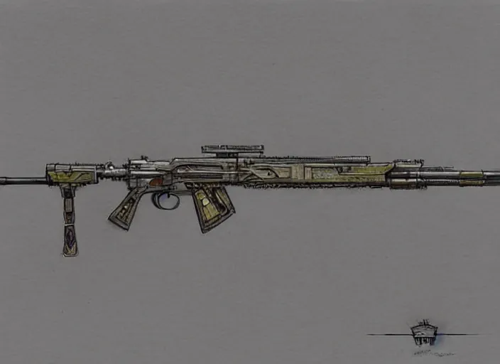 Prompt: concept art of a rifle futuristic weapon, fantasy, steampunk, pinterest, artstation trending, behance, watercolor, by coby whitmore, silver, laser light,