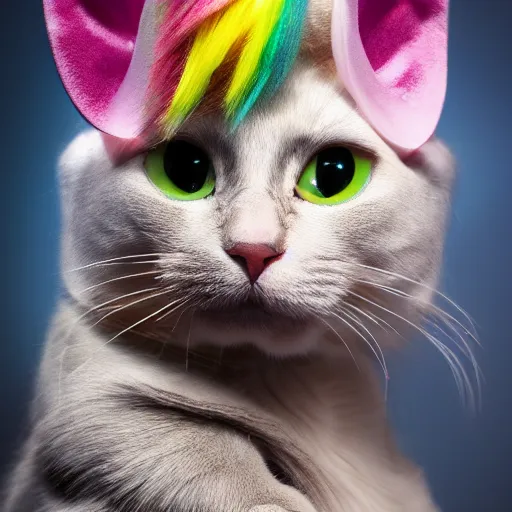 Prompt: 8k, hyper realistic cat wearing a unicorn costume, studio photo